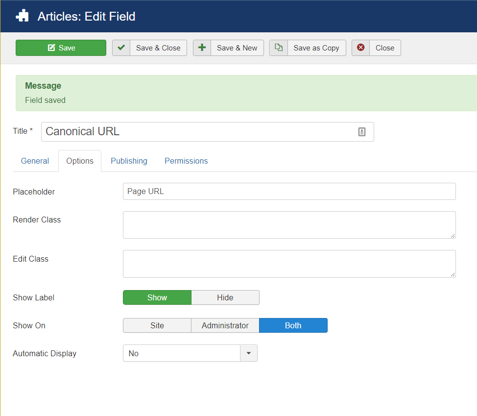 Joomla custom field options tab