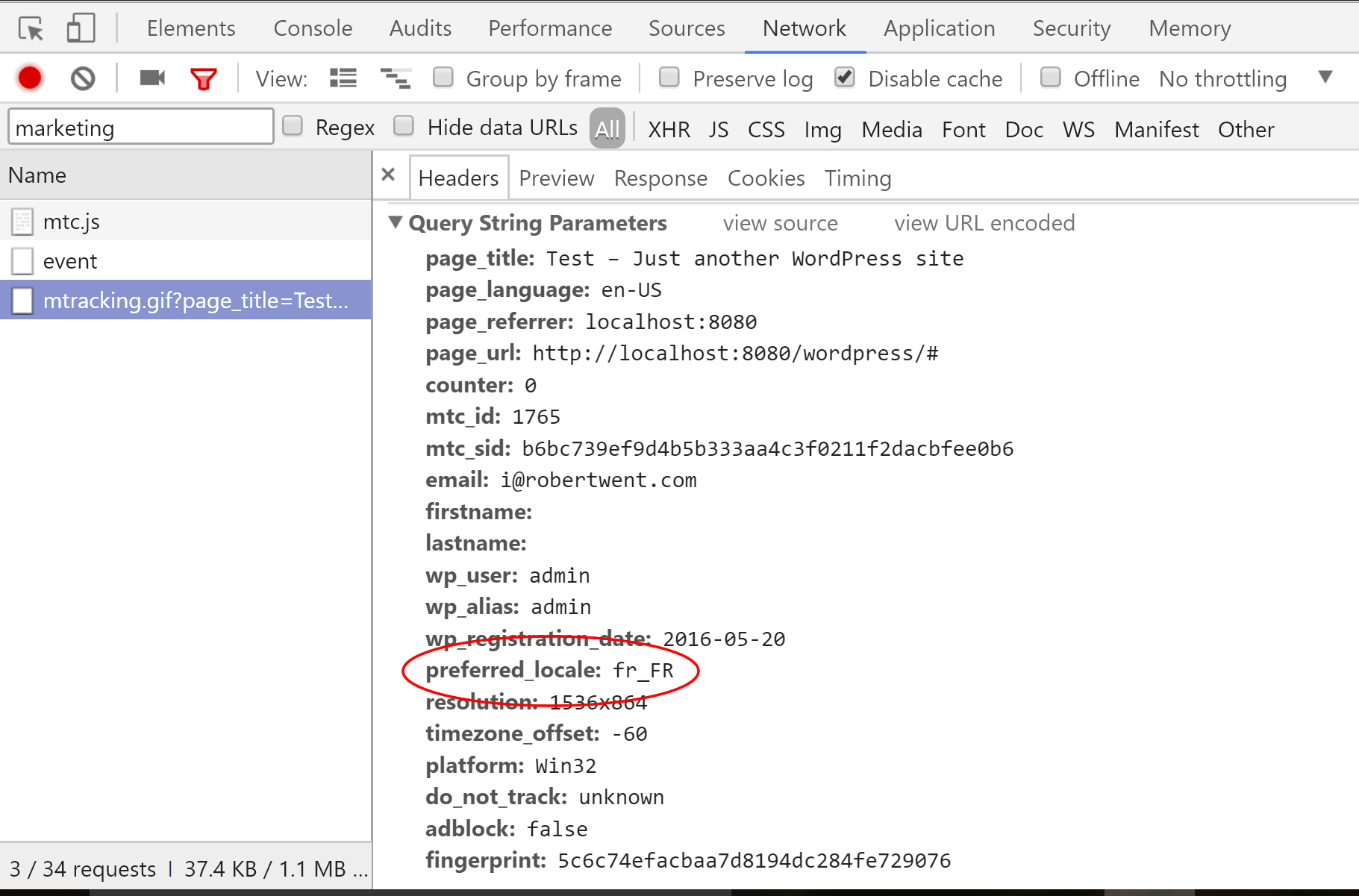 Checking Mautic tracking parameters in browser dev tools