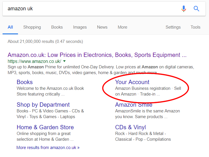 Google search results page when searching by store name showing a prominent link to the account page login