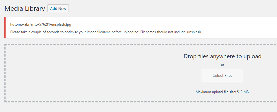media upload error message for filename match